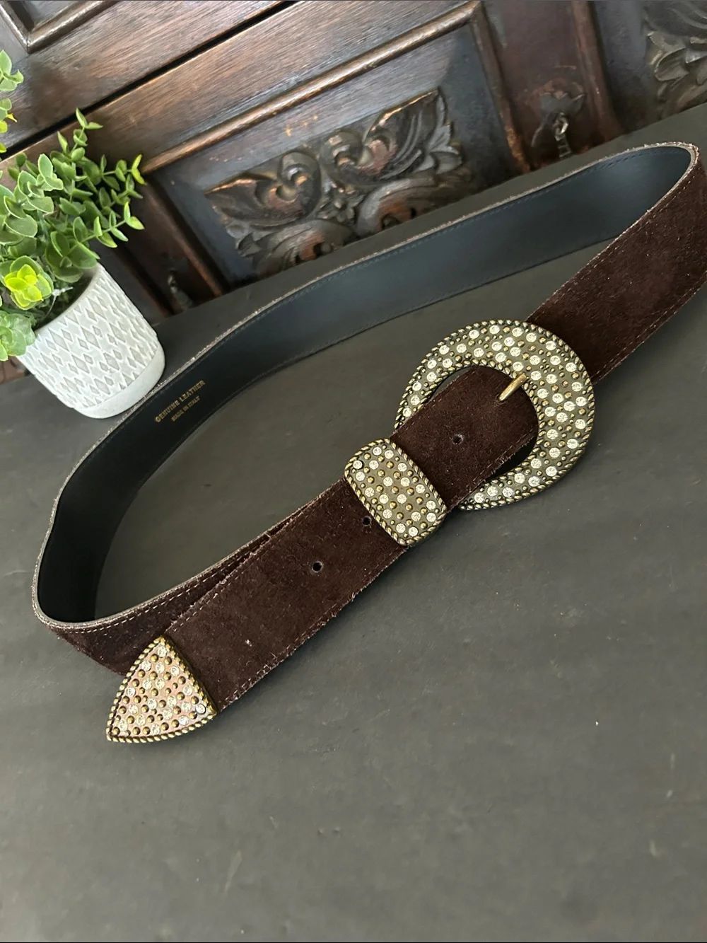 Jennifer Behr Brown Suede Belt with Crystal-Encrusted Buckle